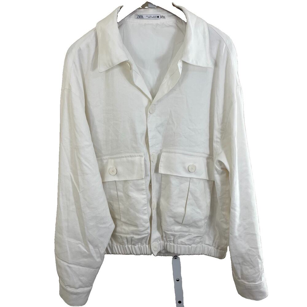Zara Utility Bomber Jacket Mens L White Button Front Flap Pockets